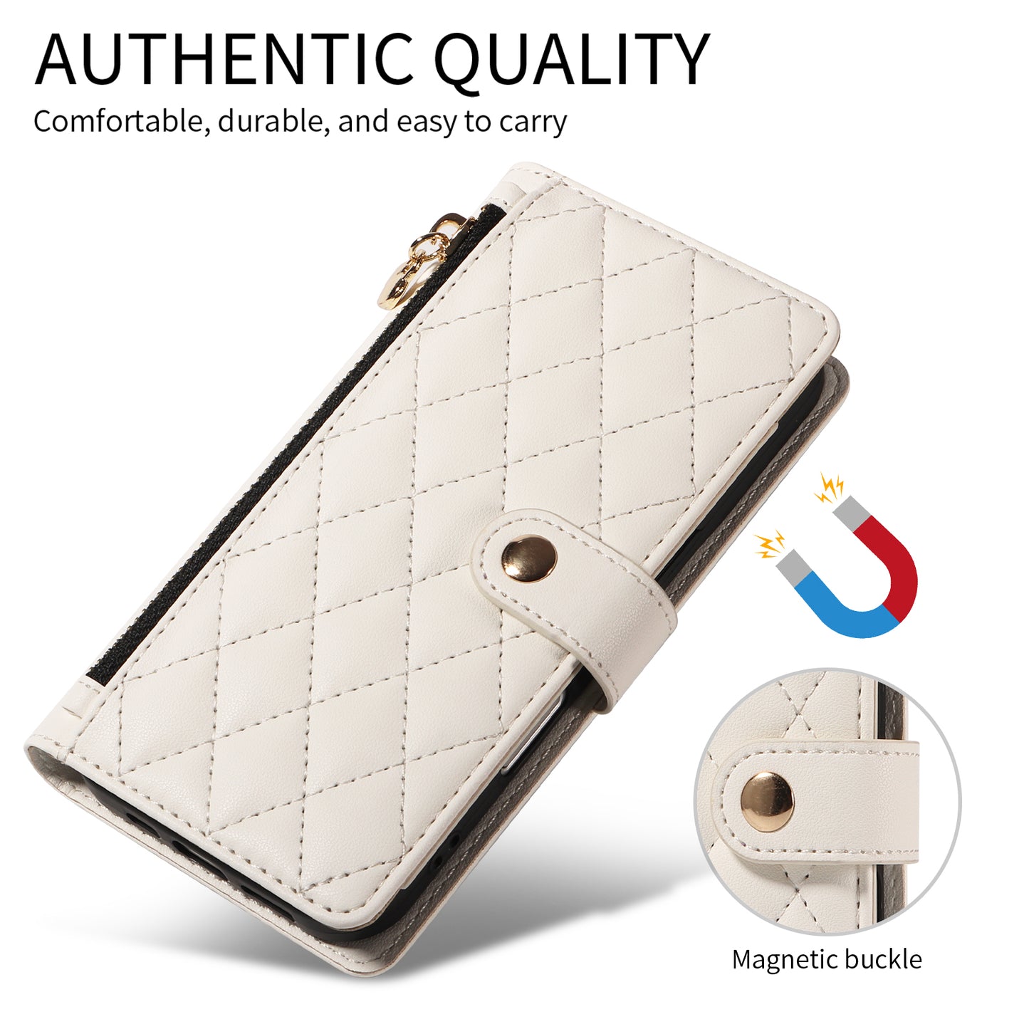 For iPhone 17 Pro Max Wallet Case with Straps, Rhombus Leather Stand Phone Cover - White