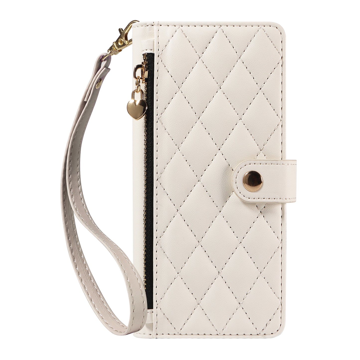 For iPhone 17 Pro Max Wallet Case with Straps, Rhombus Leather Stand Phone Cover - White