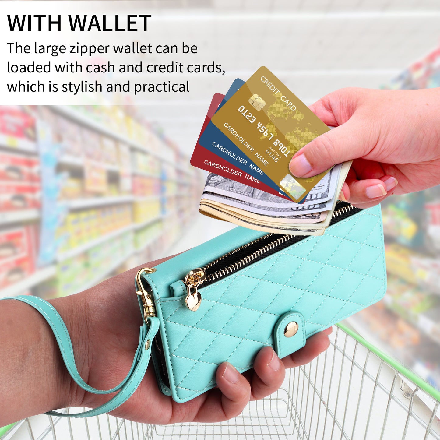 For iPhone 17 Pro Max Wallet Case with Straps, Rhombus Leather Stand Phone Cover - Light Green