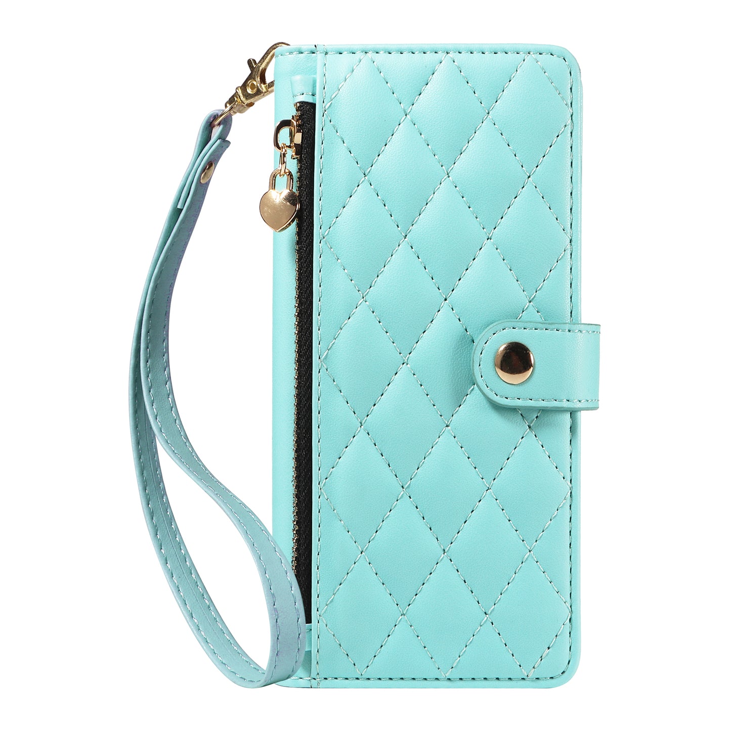 For iPhone 17 Pro Max Wallet Case with Straps, Rhombus Leather Stand Phone Cover - Light Green