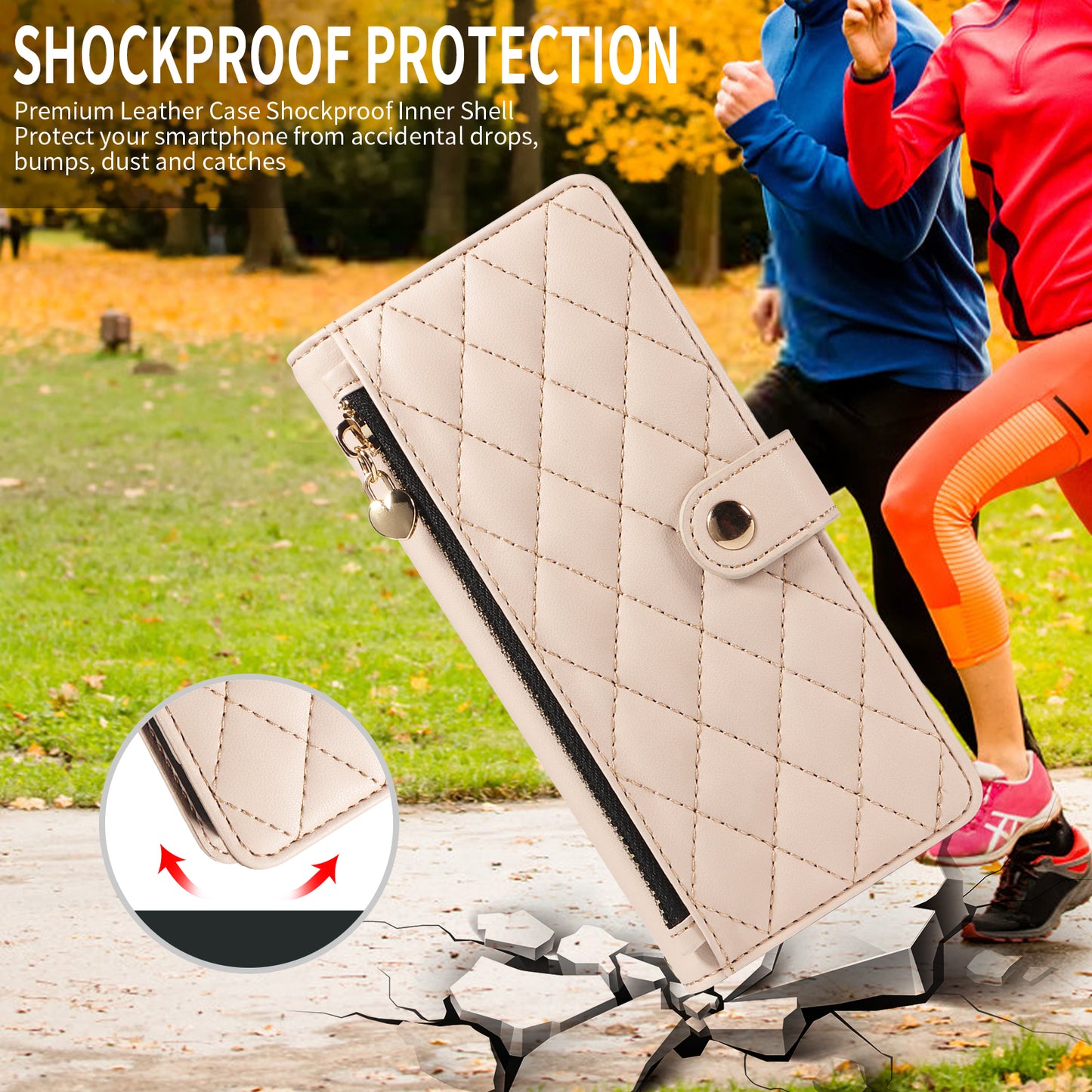 For iPhone 17 Pro Max Wallet Case with Straps, Rhombus Leather Stand Phone Cover - Beige