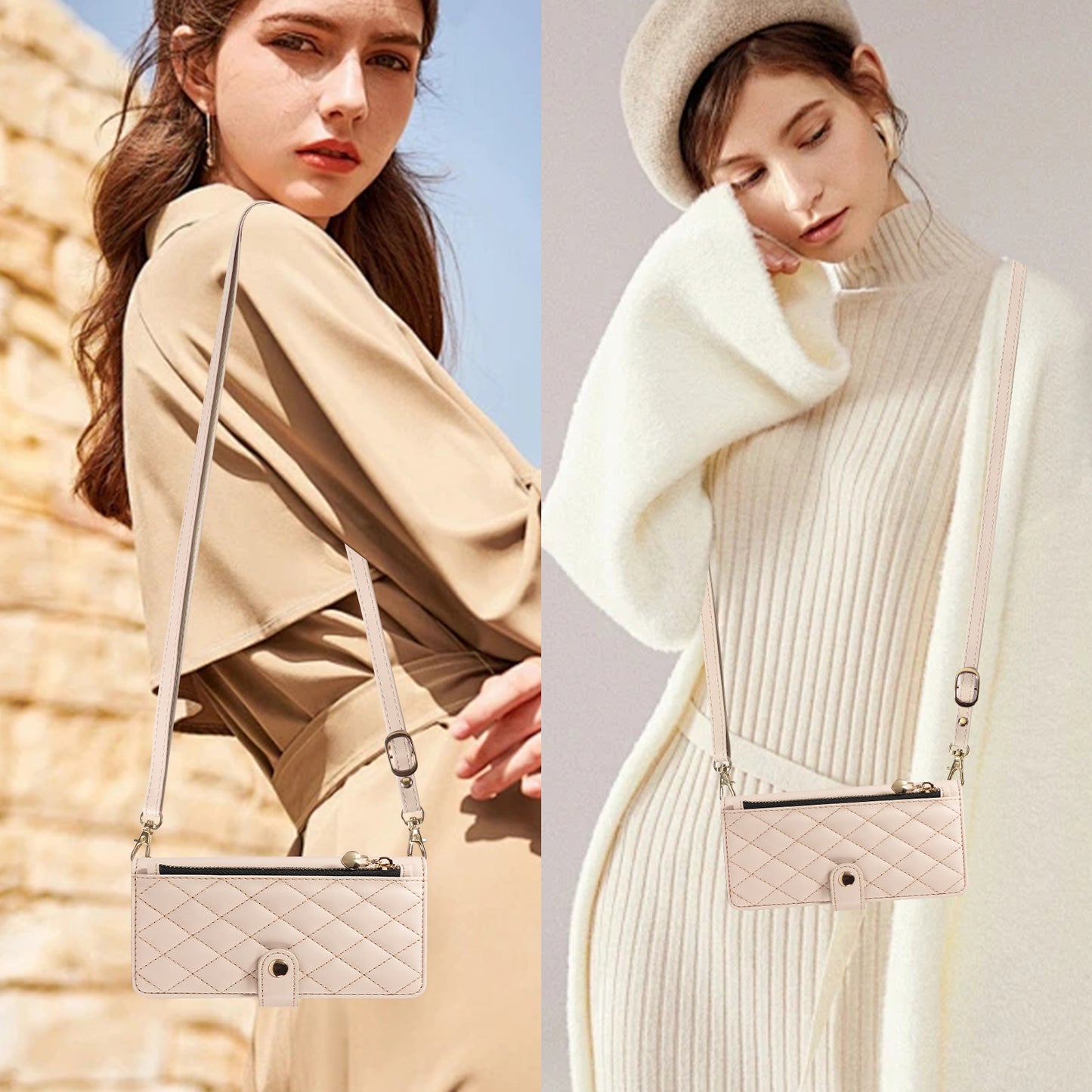 For iPhone 17 Pro Max Wallet Case with Straps, Rhombus Leather Stand Phone Cover - Beige