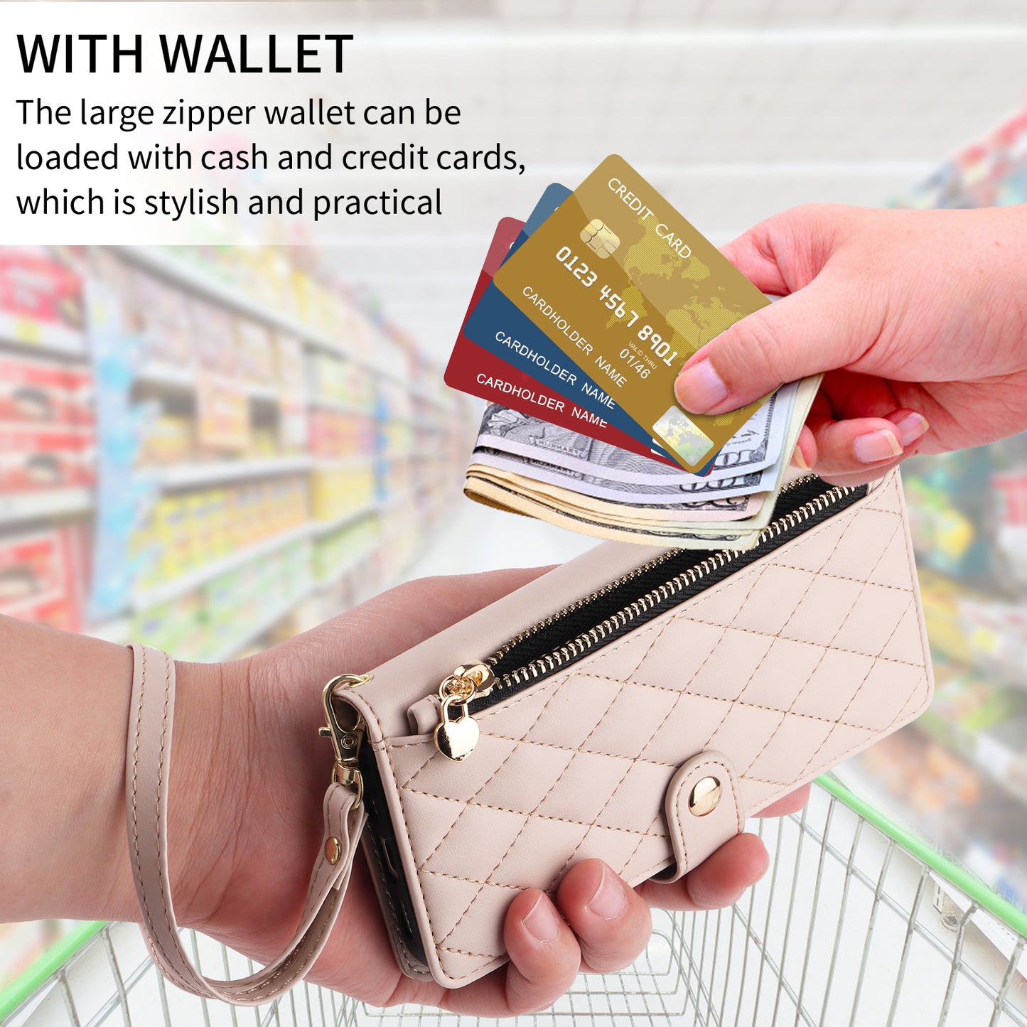 For iPhone 17 Pro Max Wallet Case with Straps, Rhombus Leather Stand Phone Cover - Beige