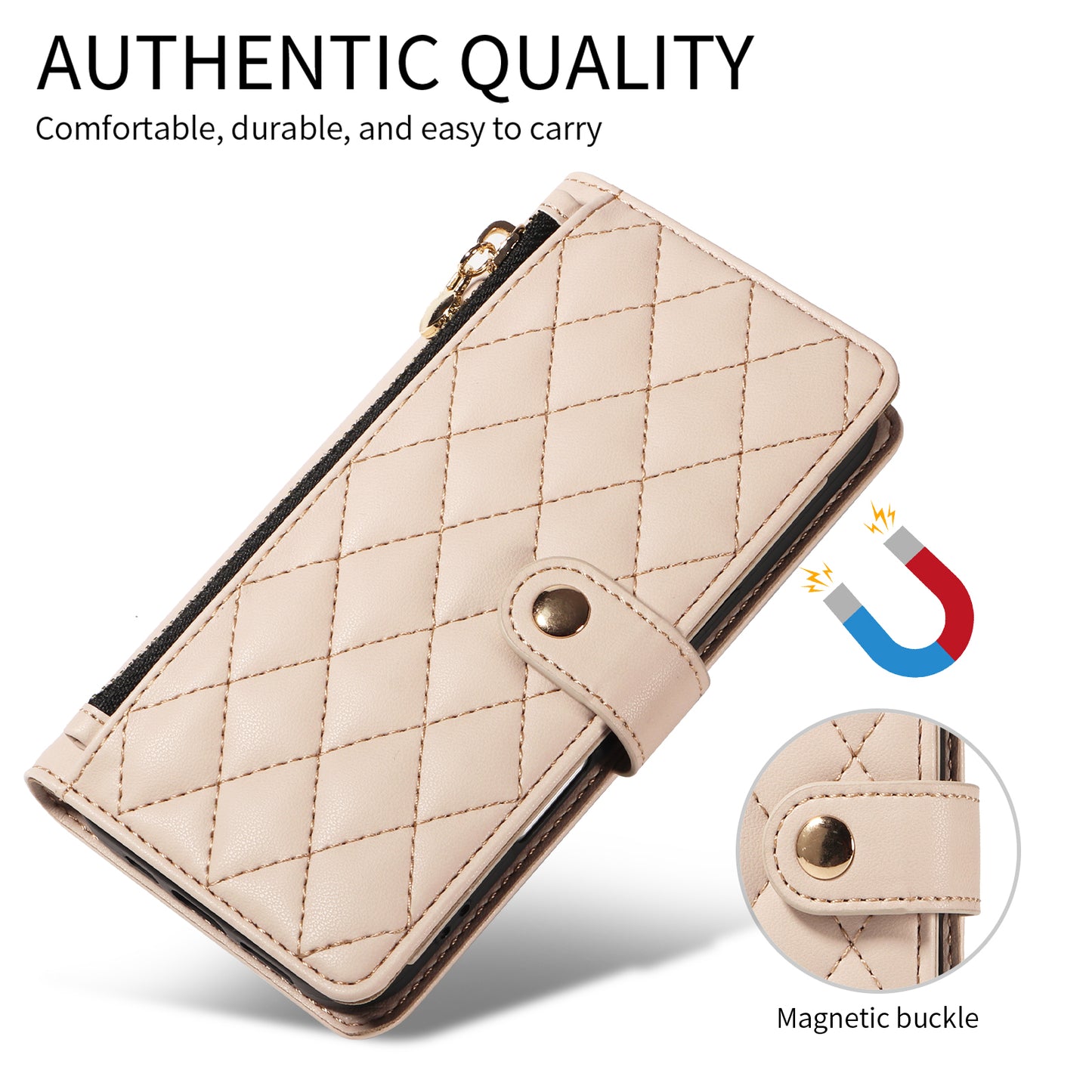 For iPhone 17 Pro Max Wallet Case with Straps, Rhombus Leather Stand Phone Cover - Beige