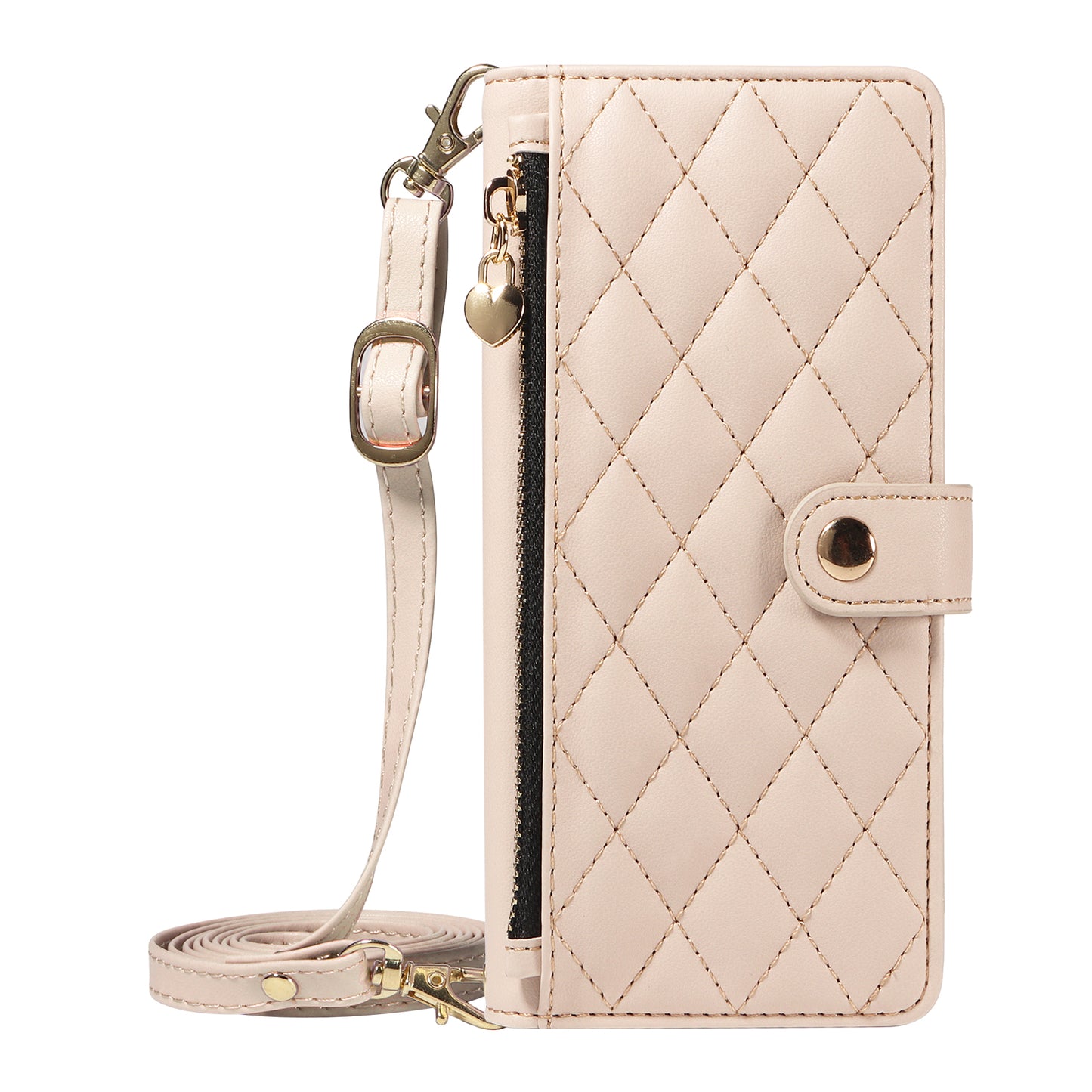 For iPhone 17 Pro Max Wallet Case with Straps, Rhombus Leather Stand Phone Cover - Beige