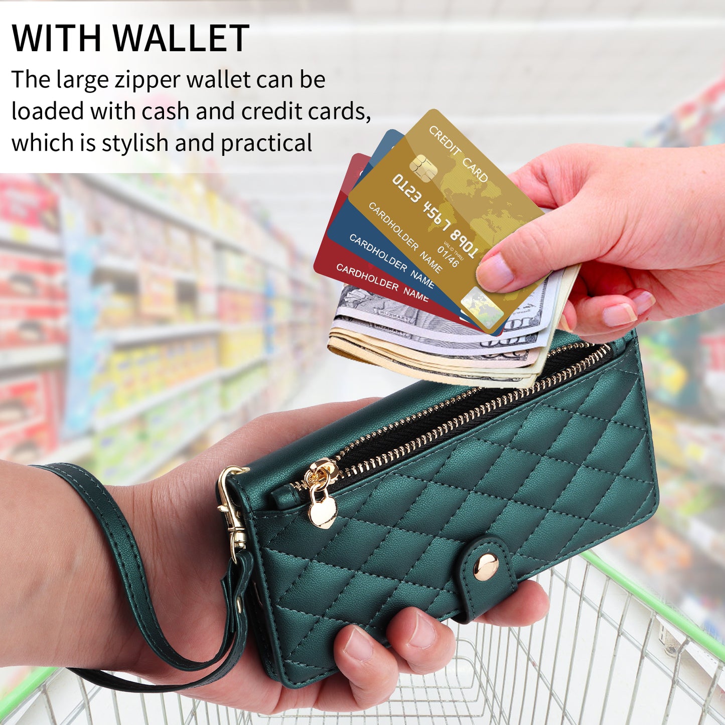 For iPhone 17 Pro Max Wallet Case with Straps, Rhombus Leather Stand Phone Cover - Blackish Green