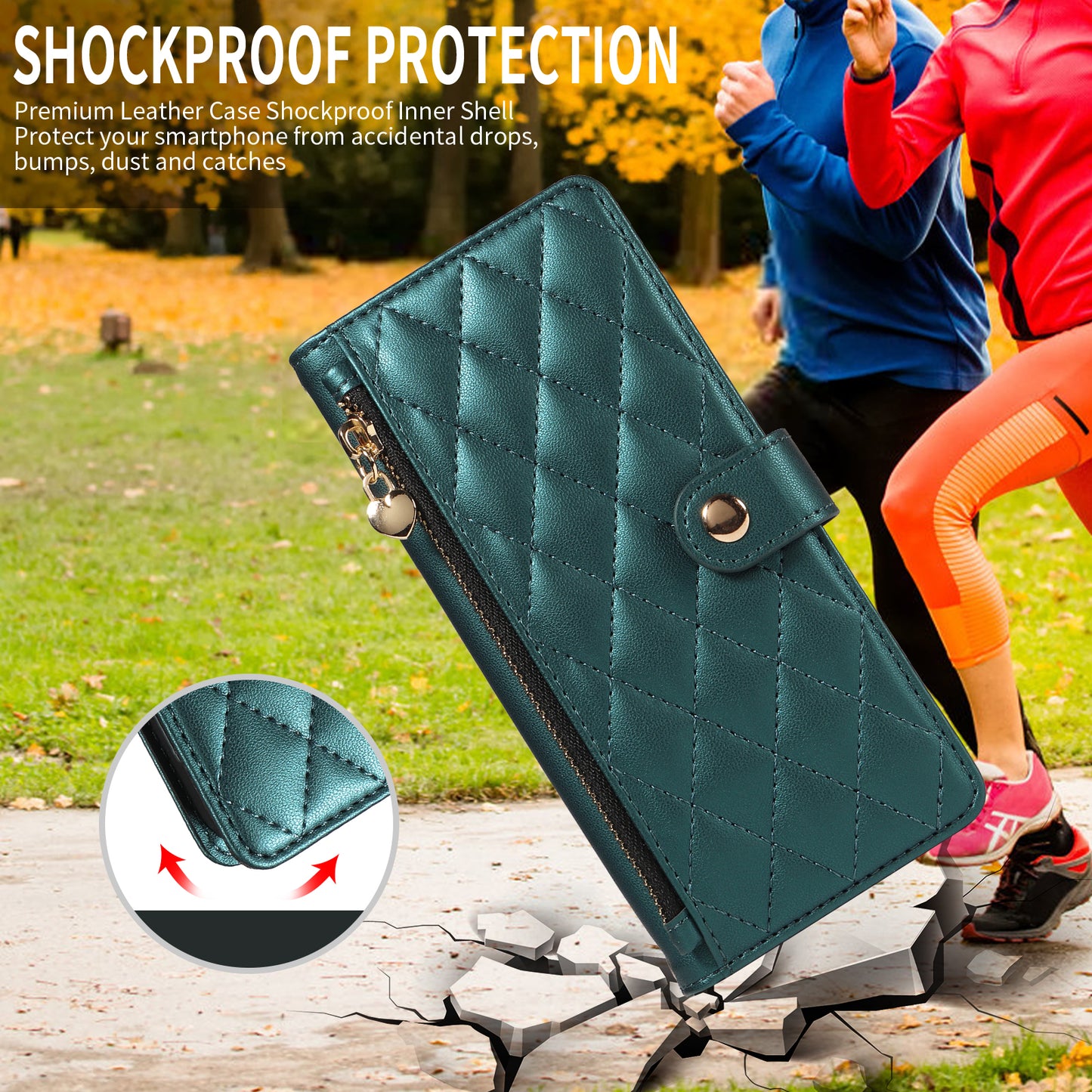 For iPhone 17 Pro Max Wallet Case with Straps, Rhombus Leather Stand Phone Cover - Blackish Green