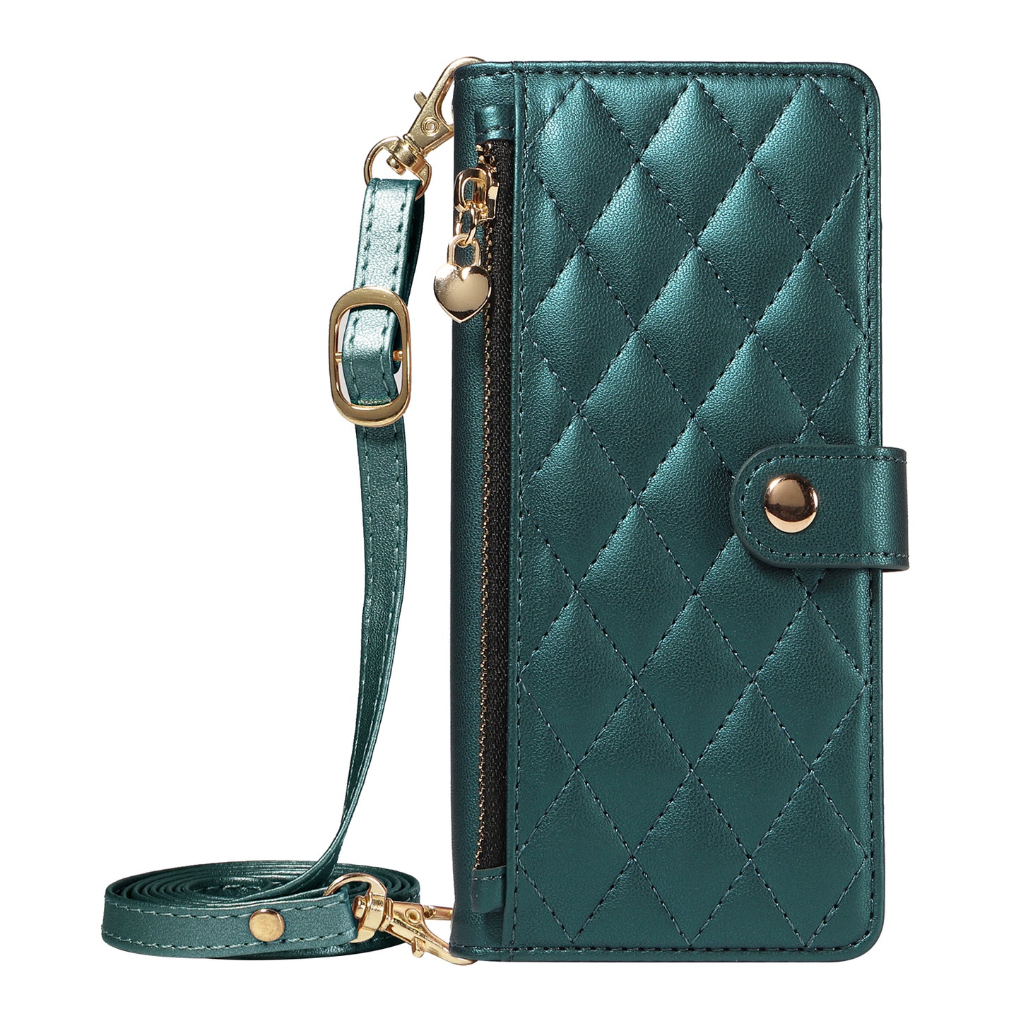 For iPhone 17 Pro Max Wallet Case with Straps, Rhombus Leather Stand Phone Cover - Blackish Green