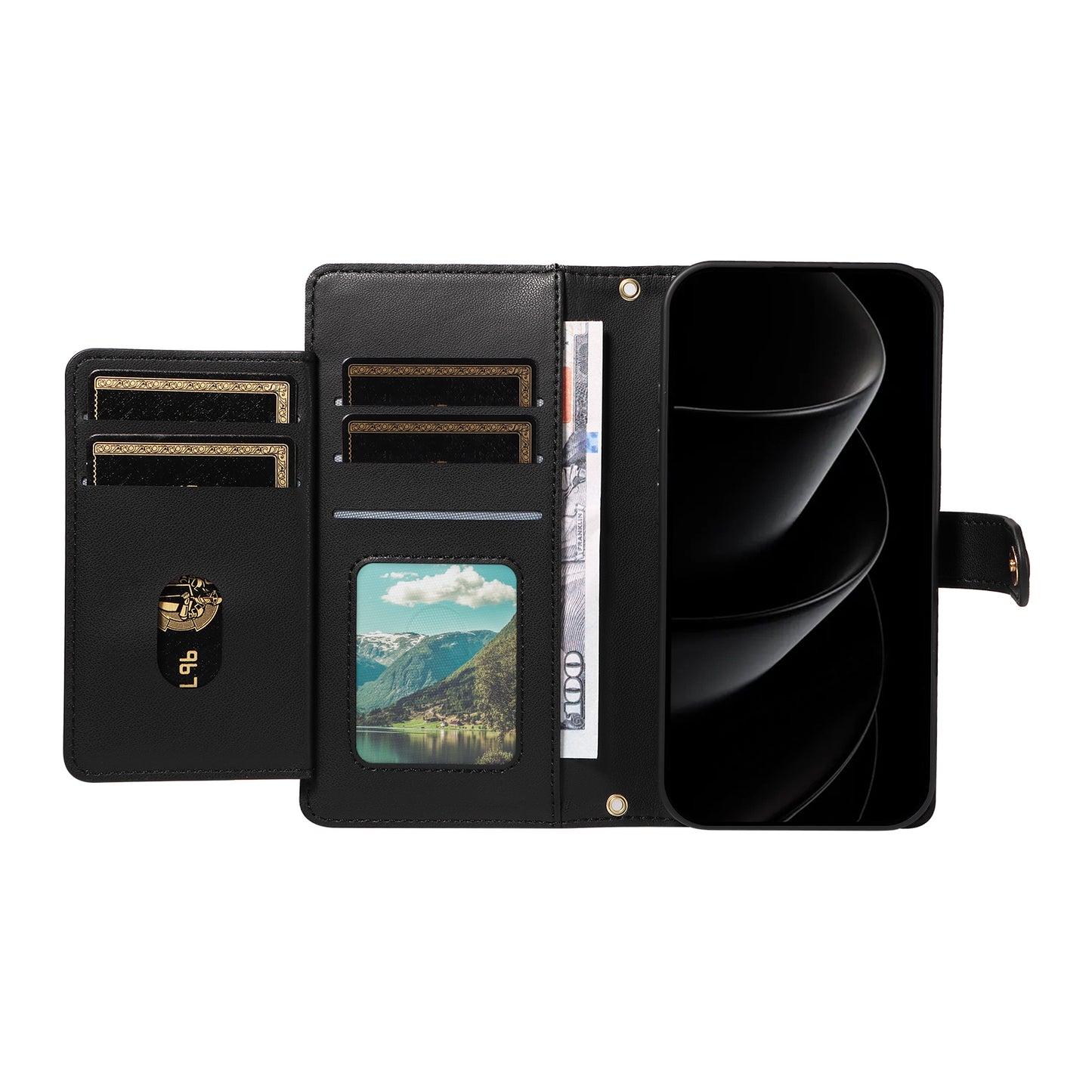 For iPhone 17 Pro Max Wallet Case with Straps, Rhombus Leather Stand Phone Cover - Black