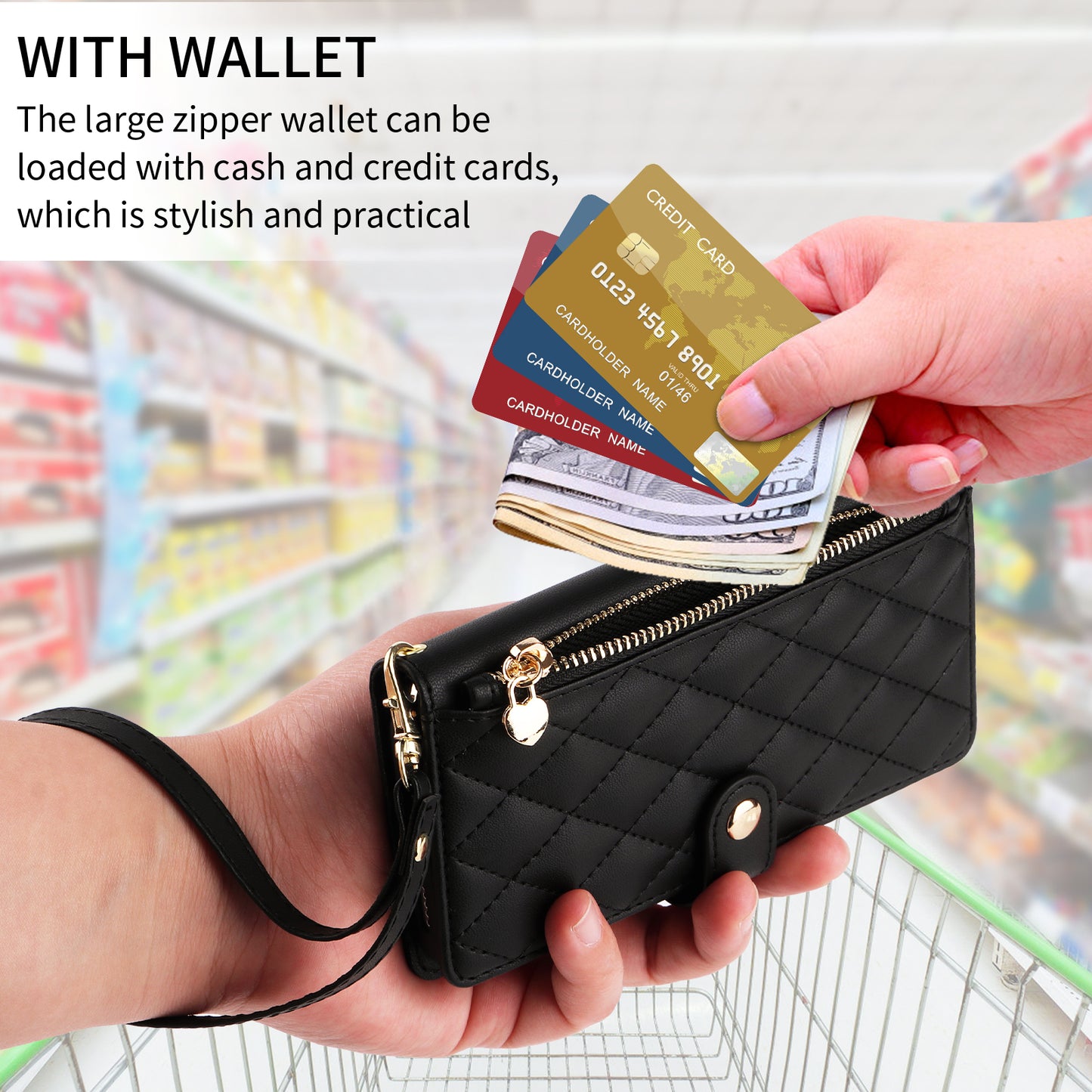 For iPhone 17 Pro Max Wallet Case with Straps, Rhombus Leather Stand Phone Cover - Black