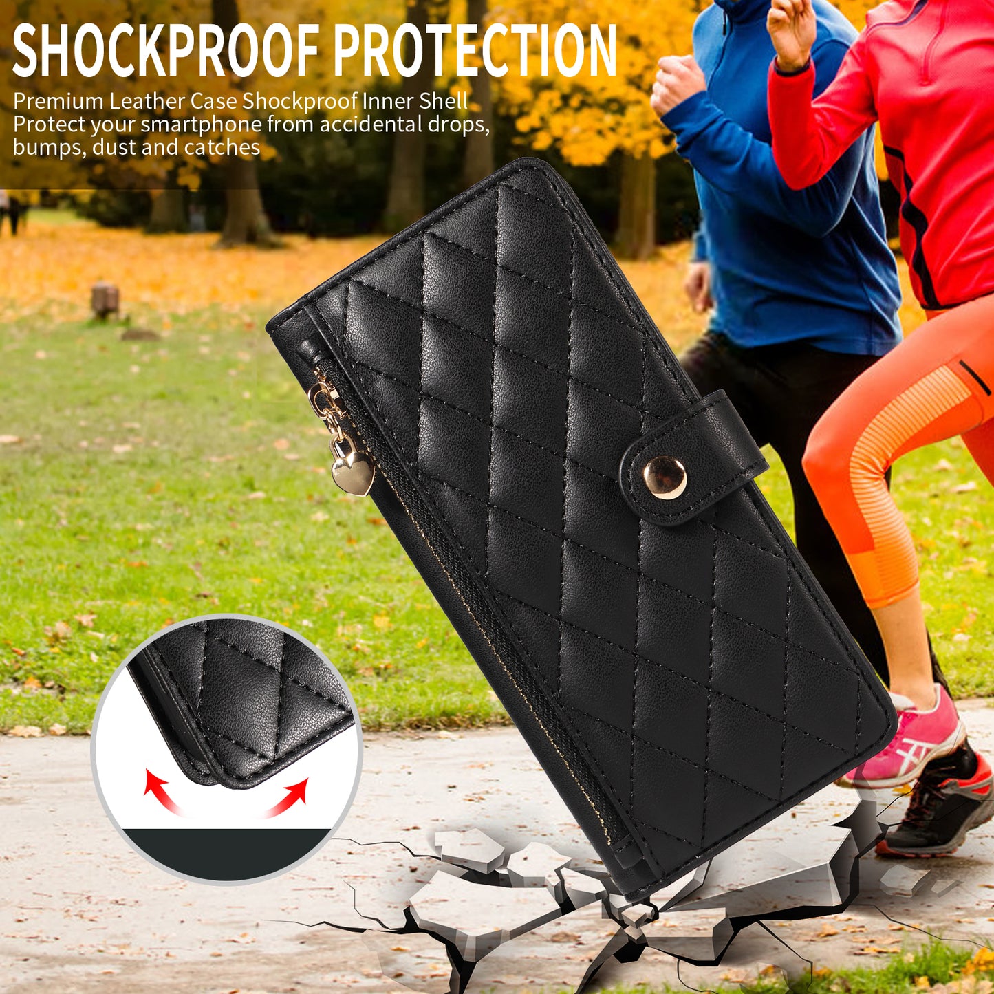 For iPhone 17 Pro Max Wallet Case with Straps, Rhombus Leather Stand Phone Cover - Black