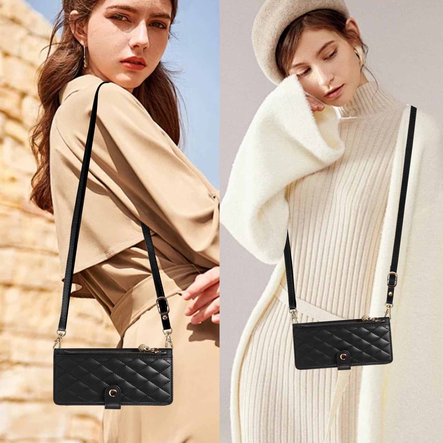 For iPhone 17 Pro Max Wallet Case with Straps, Rhombus Leather Stand Phone Cover - Black