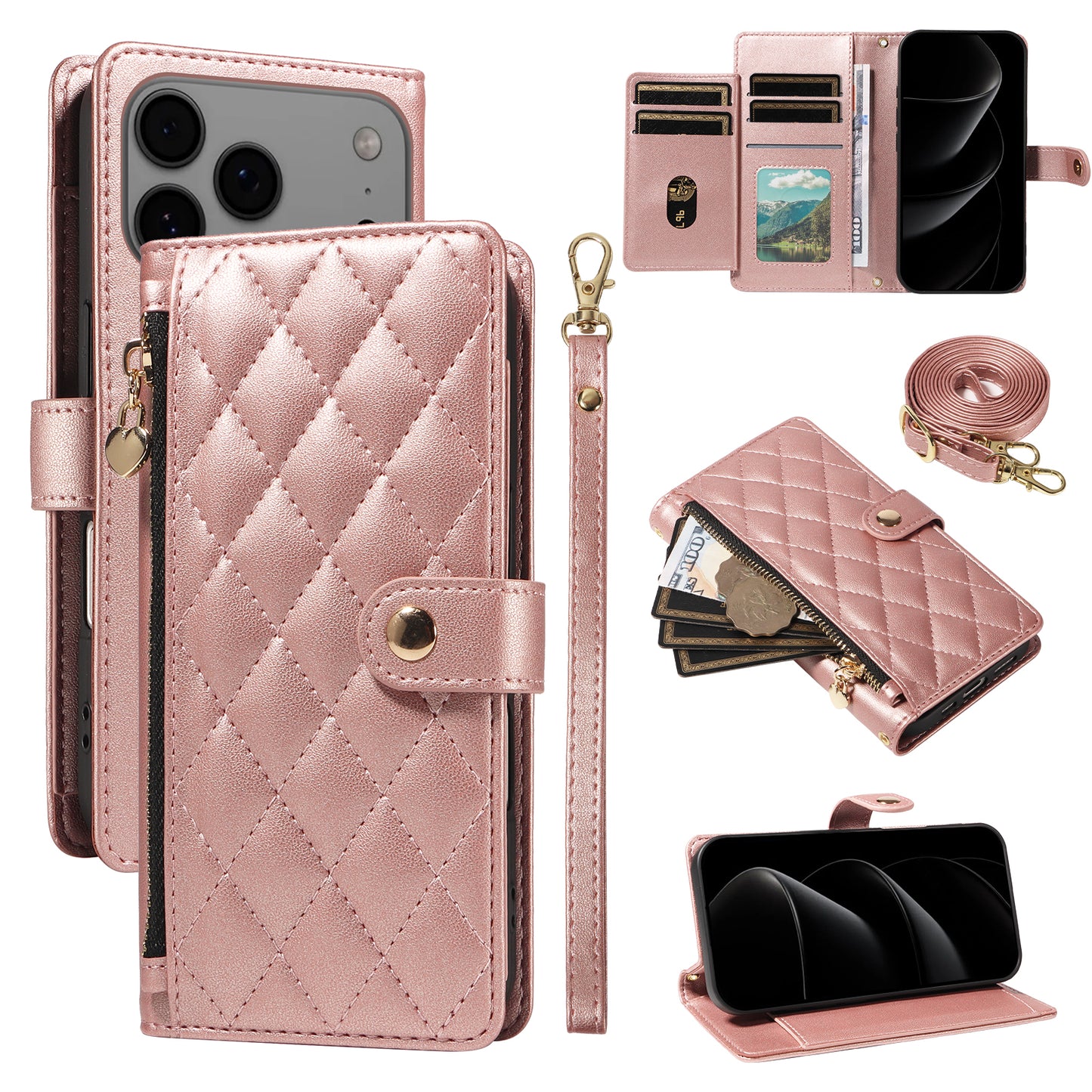 For iPhone 17 Pro Max Wallet Case with Straps, Rhombus Leather Stand Phone Cover - Rose Gold