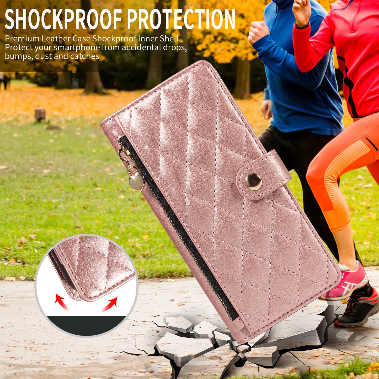 For iPhone 17 Pro Max Wallet Case with Straps, Rhombus Leather Stand Phone Cover - Rose Gold