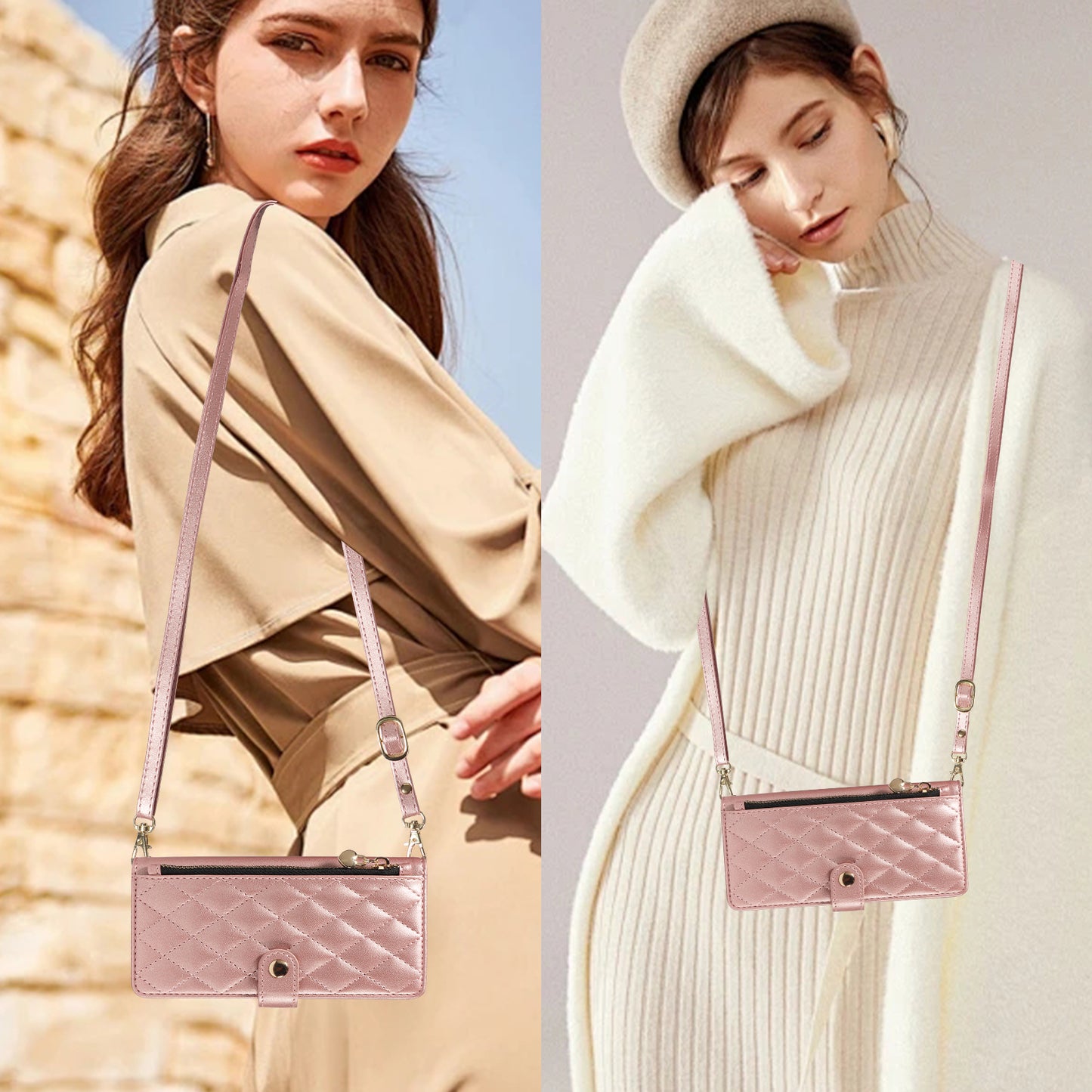 For iPhone 17 Pro Max Wallet Case with Straps, Rhombus Leather Stand Phone Cover - Rose Gold