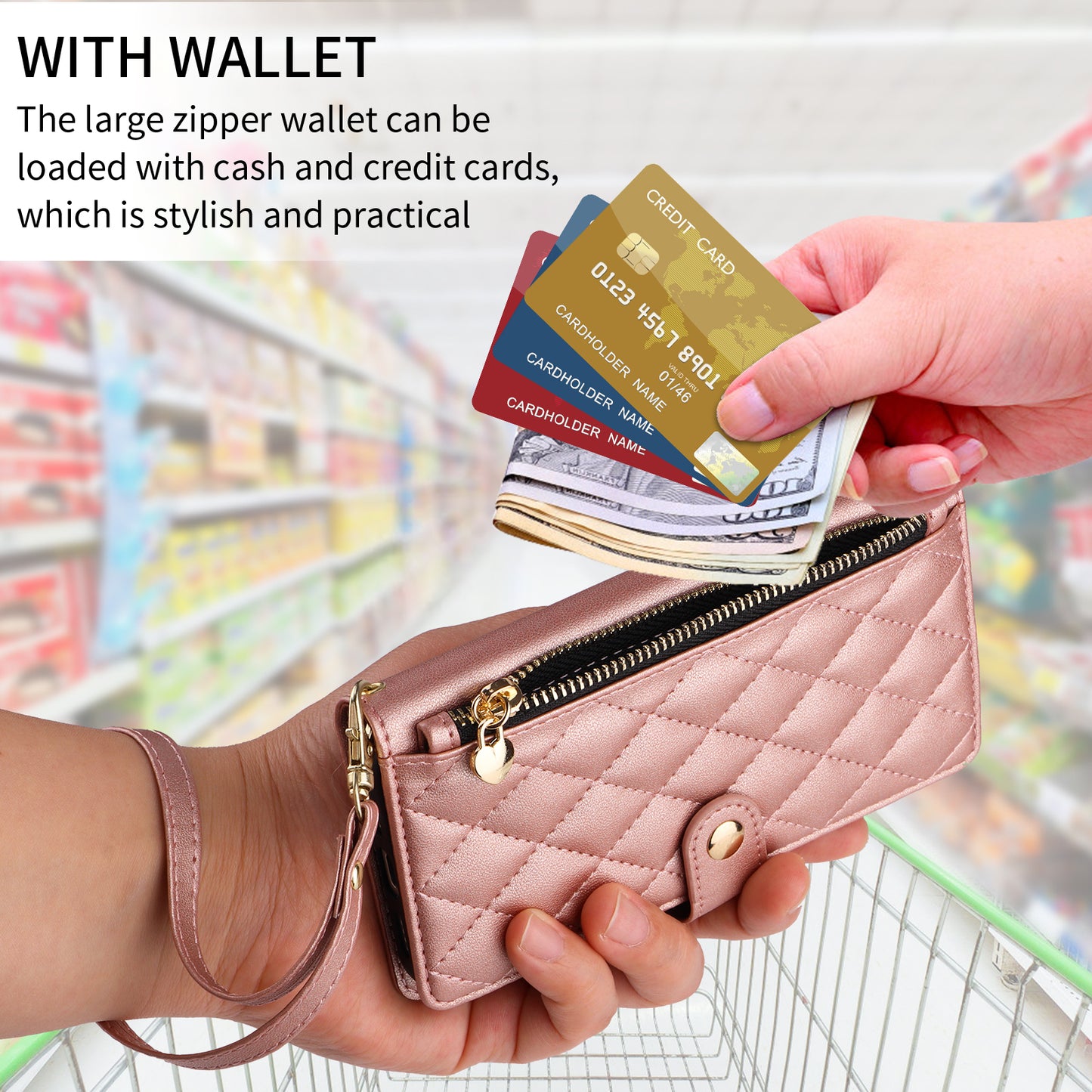 For iPhone 17 Pro Max Wallet Case with Straps, Rhombus Leather Stand Phone Cover - Rose Gold