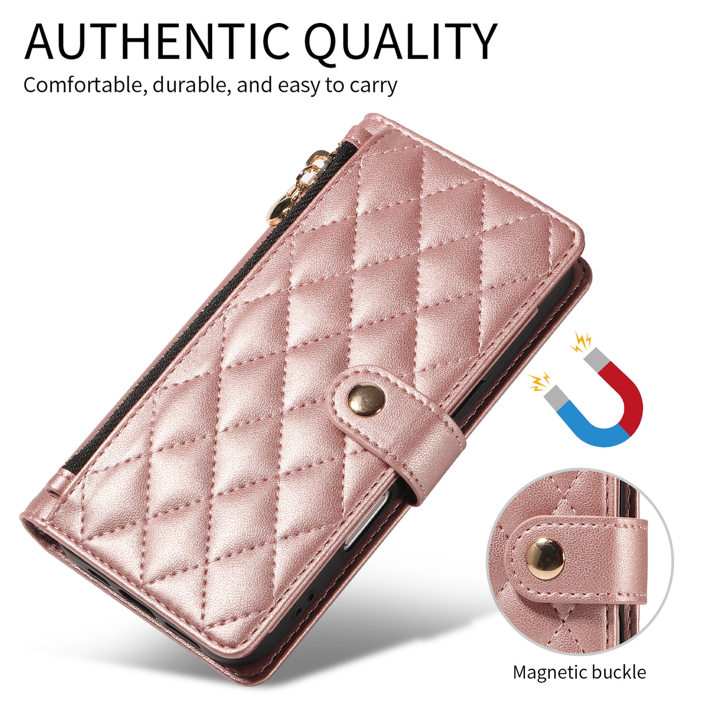 For iPhone 17 Pro Max Wallet Case with Straps, Rhombus Leather Stand Phone Cover - Rose Gold