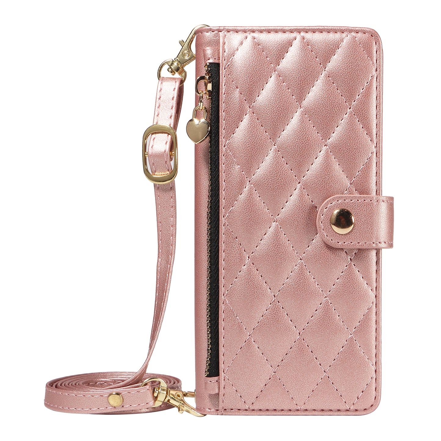 For iPhone 17 Pro Max Wallet Case with Straps, Rhombus Leather Stand Phone Cover - Rose Gold