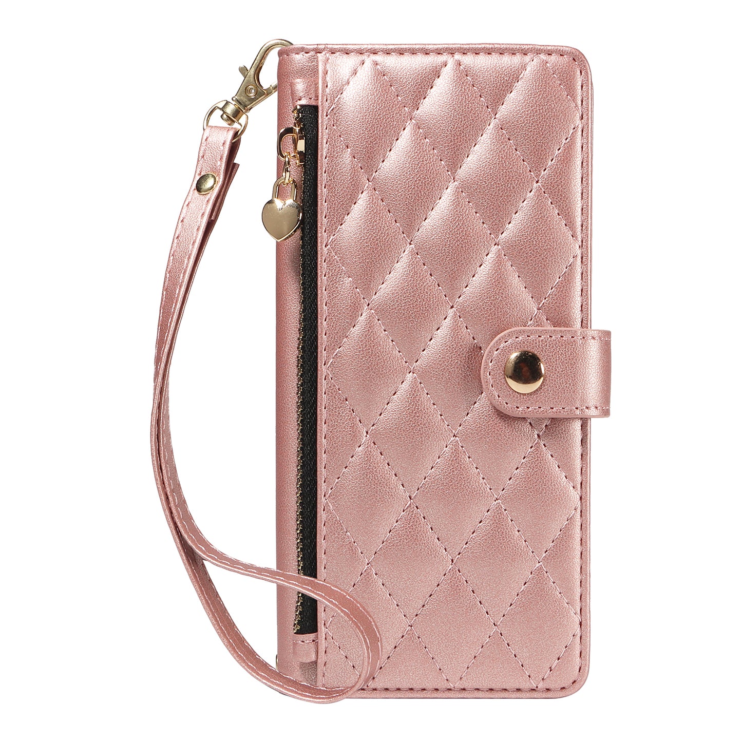 For iPhone 17 Pro Max Wallet Case with Straps, Rhombus Leather Stand Phone Cover - Rose Gold