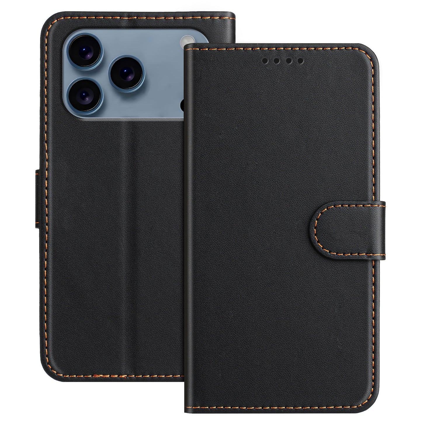 For iPhone 17 Pro Max Leather Case Wallet Stand Solid Color Anti Drop Phone Cover - Black