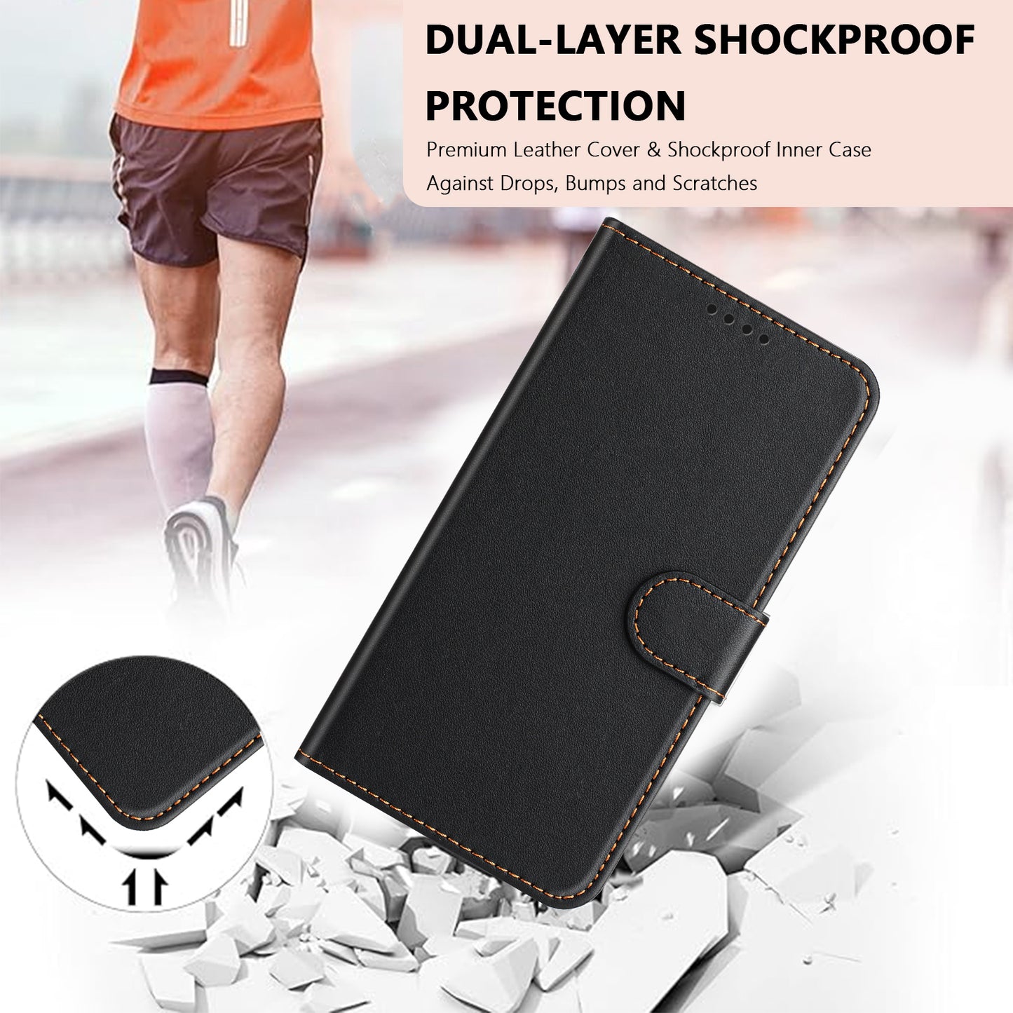 For iPhone 17 Pro Max Leather Case Wallet Stand Solid Color Anti Drop Phone Cover - Black