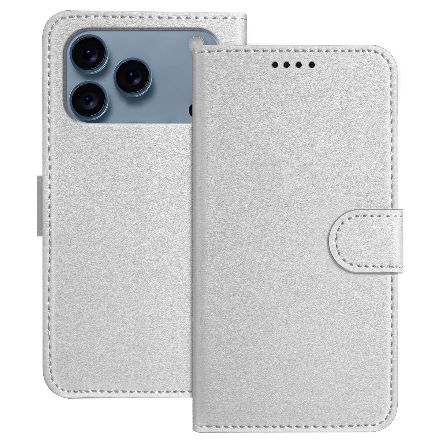 For iPhone 17 Pro Max Leather Case Wallet Stand Solid Color Anti Drop Phone Cover - Silver