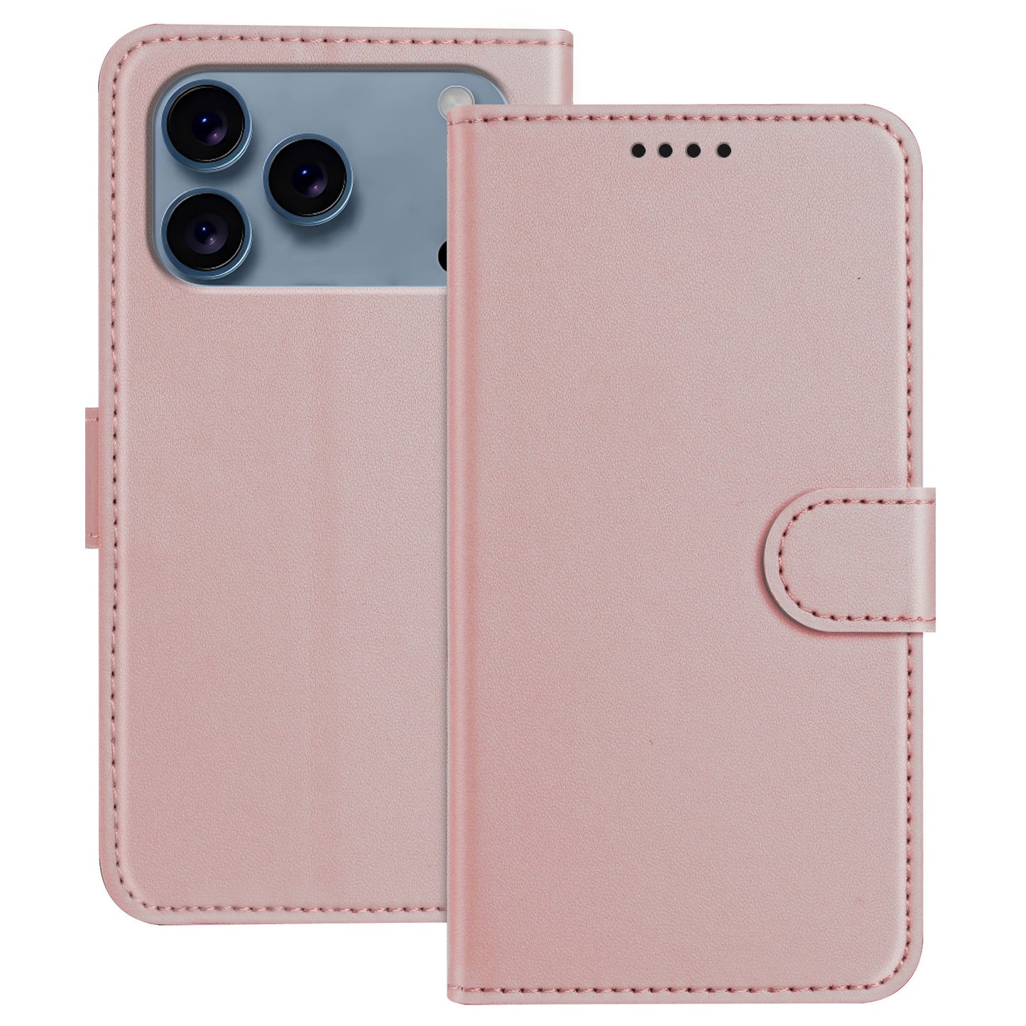 For iPhone 17 Pro Max Leather Case Wallet Stand Solid Color Anti Drop Phone Cover - Rose Gold
