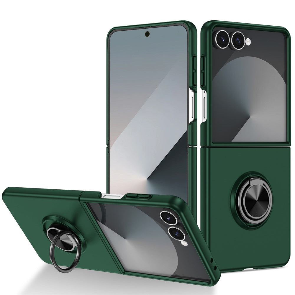 For Samsung Galaxy Z Flip7 5G Case Rotatable Ring Kickstand Hard PC Phone Cover - Blackish Green