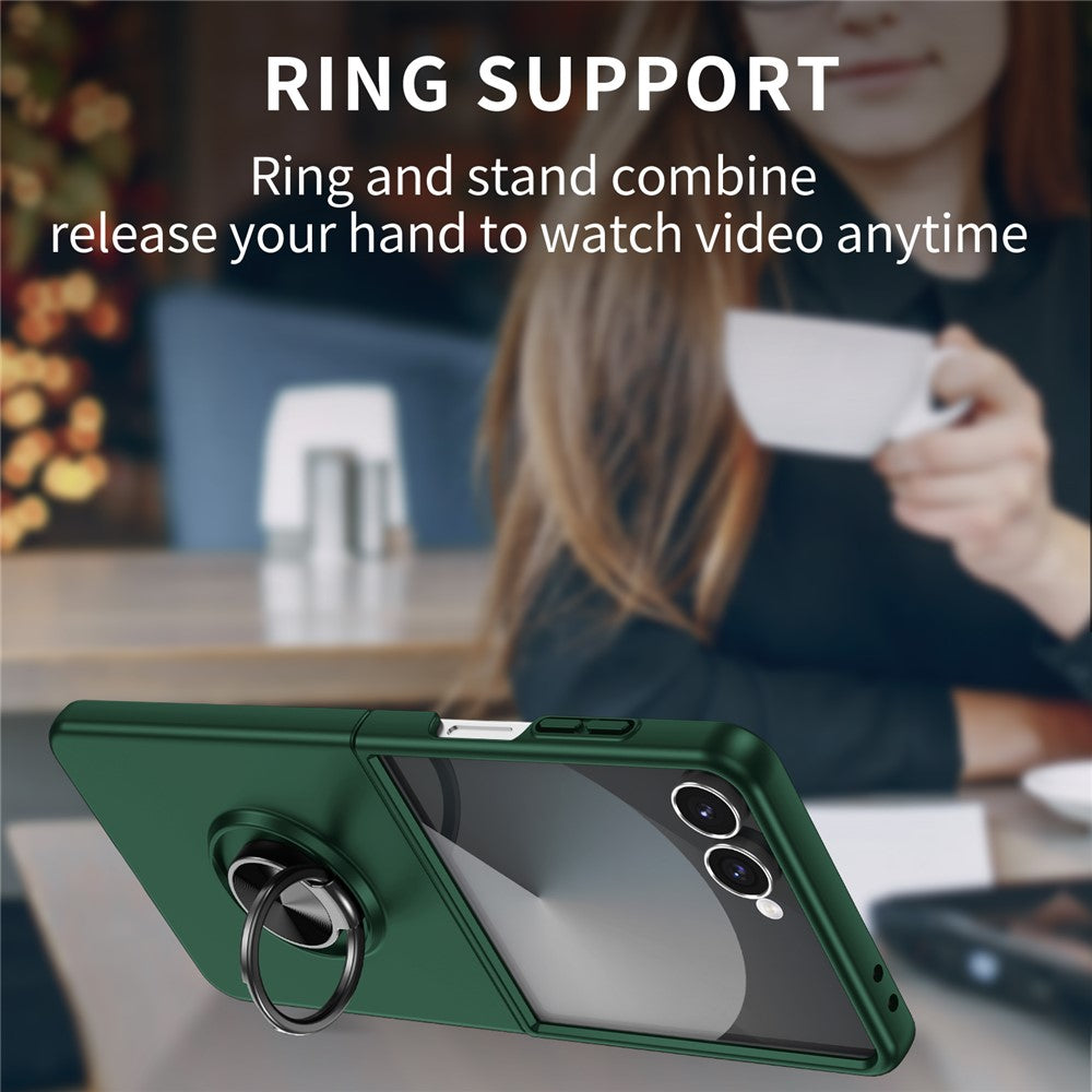 For Samsung Galaxy Z Flip7 5G Case Rotatable Ring Kickstand Hard PC Phone Cover - Blackish Green