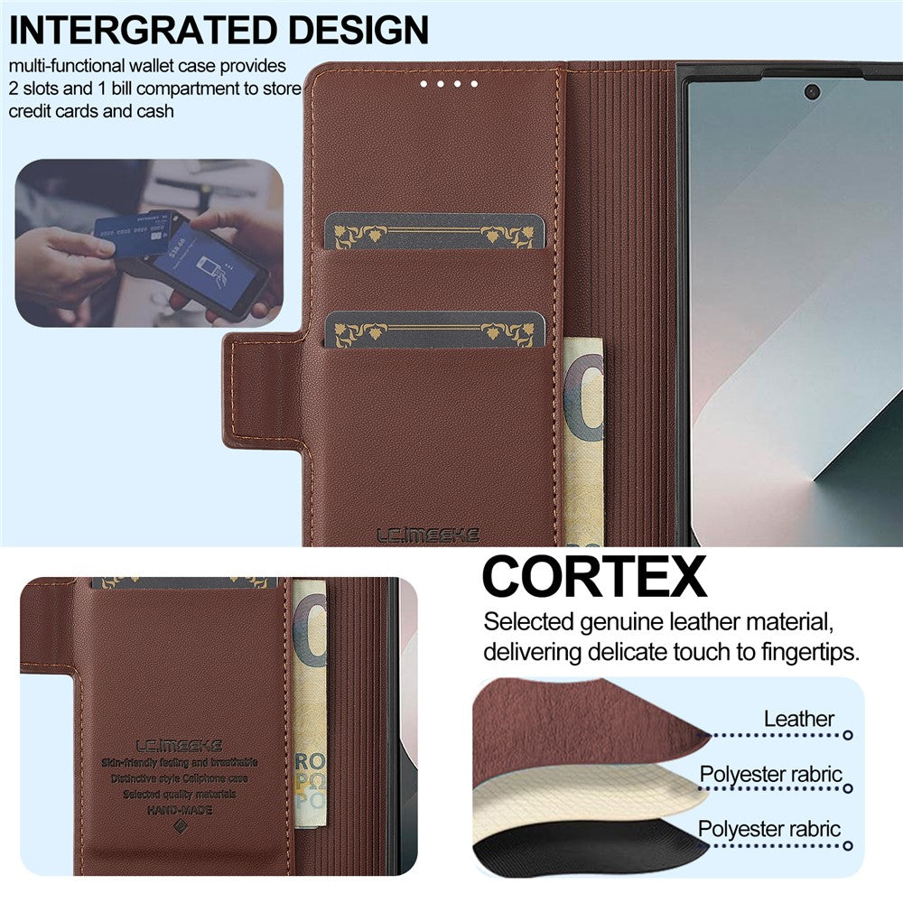 LC.IMEEKE L1 Series for Samsung Galaxy Z Fold7 5G Case PU Leather Wallet Stand Protective Phone Cover - Brown