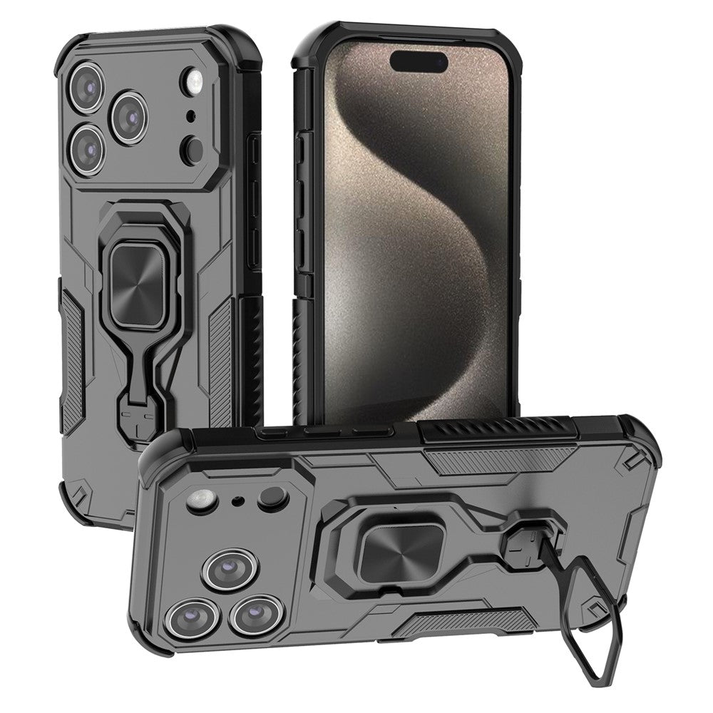 For iPhone 17 Pro Max Case Rotatable Ring Kickstand PC + TPU Shockproof Phone Cover - Black