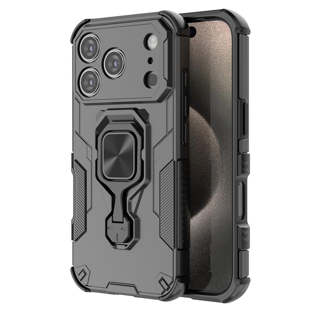 For iPhone 17 Pro Max Case Rotatable Ring Kickstand PC + TPU Shockproof Phone Cover - Black