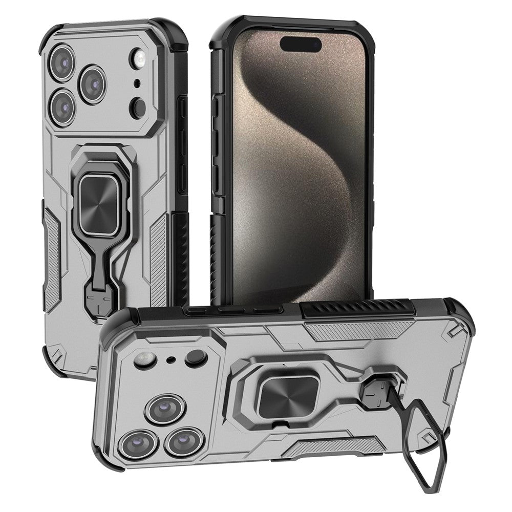 For iPhone 17 Pro Max Case Rotatable Ring Kickstand PC + TPU Shockproof Phone Cover - Titanium Grey