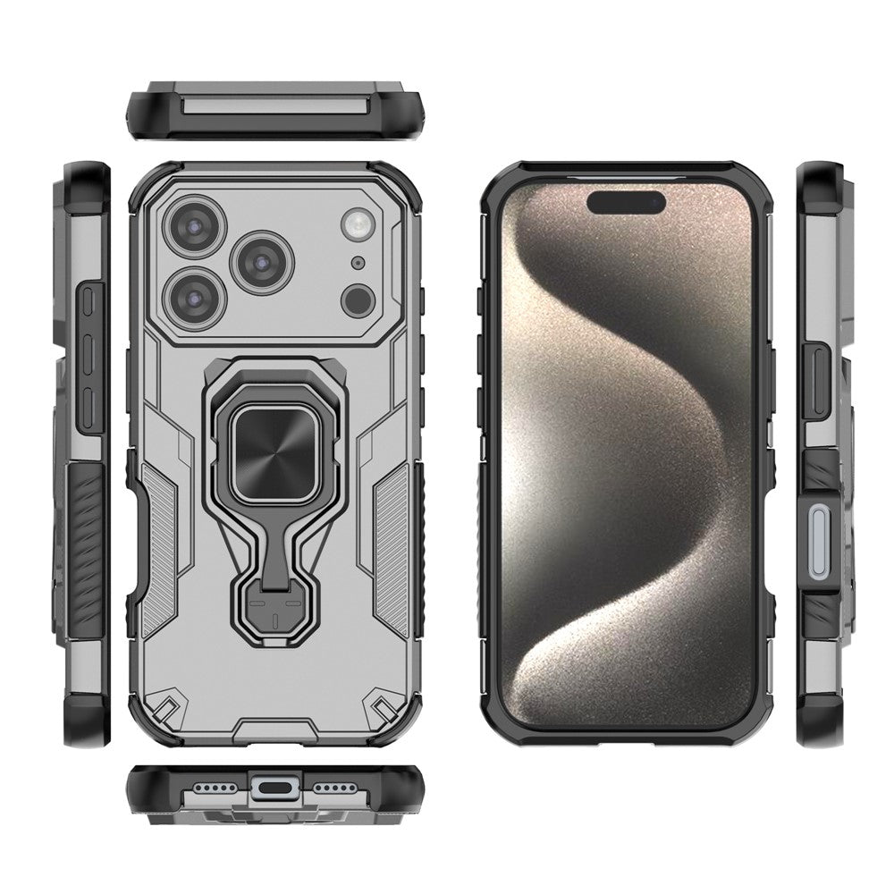 For iPhone 17 Pro Max Case Rotatable Ring Kickstand PC + TPU Shockproof Phone Cover - Titanium Grey
