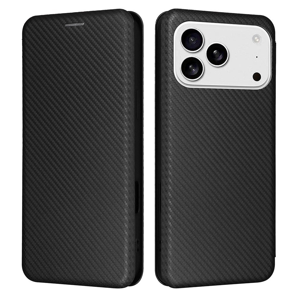 For iPhone 17 Pro Max Case Carbon Fiber Texture Drop-Proof PU Leather Phone Cover - Black