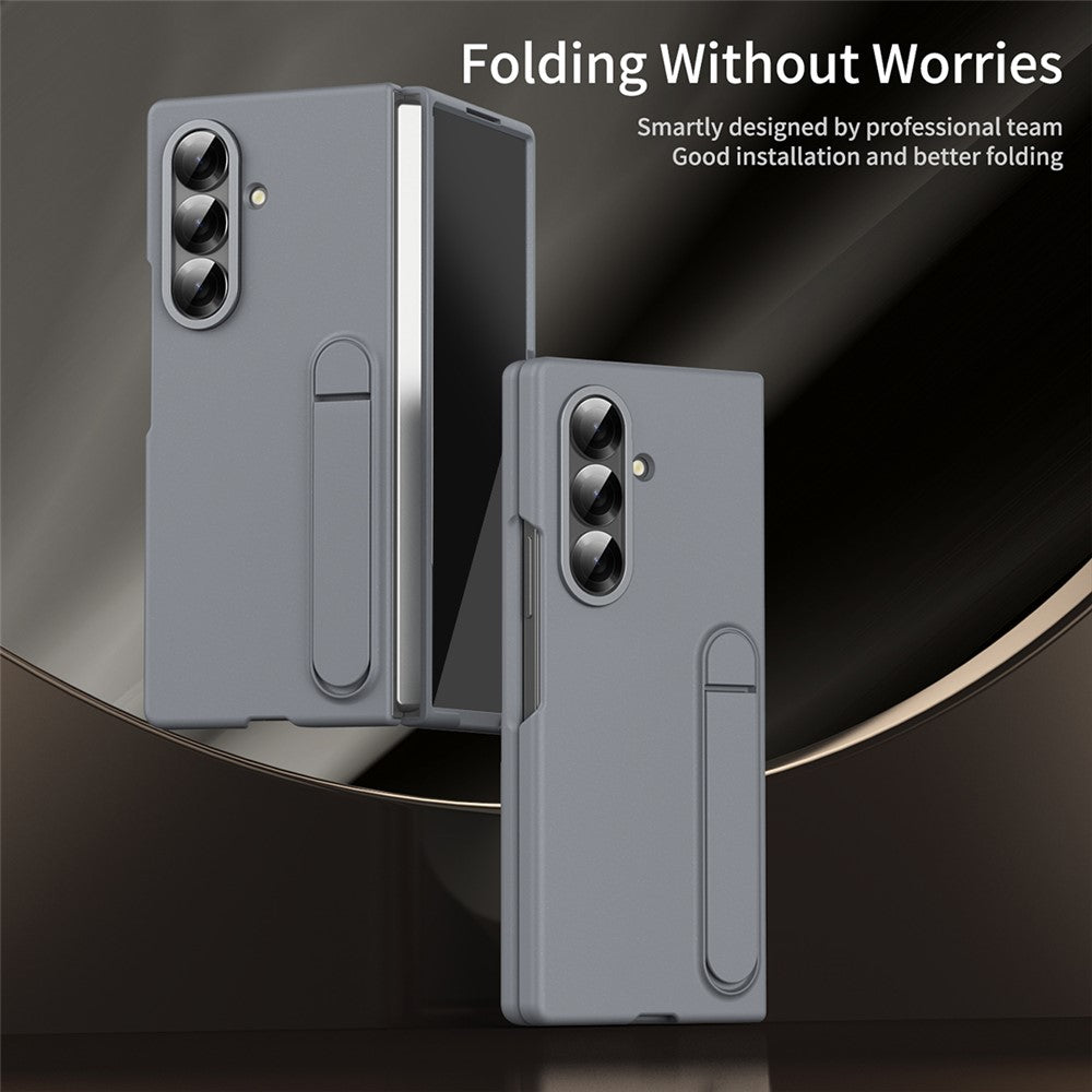 For Samsung Galaxy Z Fold7 5G Case Kickstand PC Phone Cover with Alloy Lens Ring - Grey