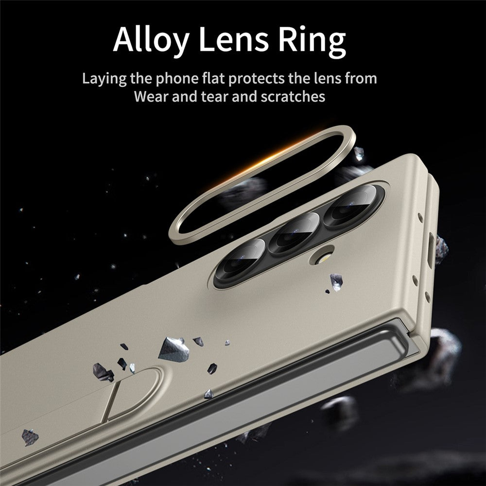 For Samsung Galaxy Z Fold7 5G Case Kickstand PC Phone Cover with Alloy Lens Ring - Gold