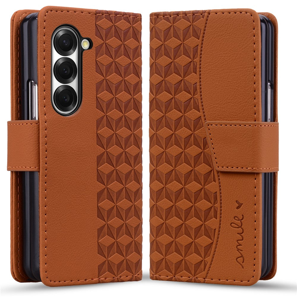 For Samsung Galaxy Z Fold7 5G Case Rhombus Pattern Leather Wallet Phone Cover with Wrist Strap - Brown