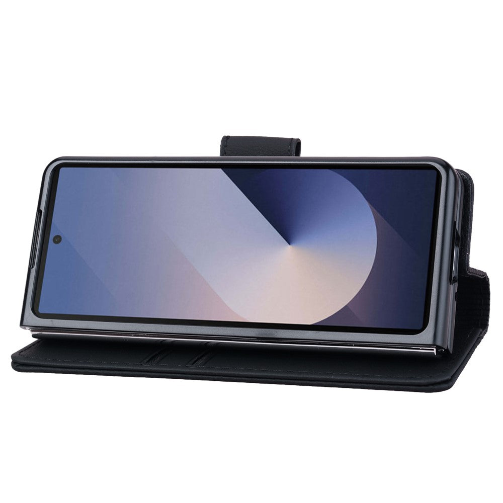 For Samsung Galaxy Z Fold7 5G Case Rhombus Pattern Leather Wallet Phone Cover with Wrist Strap - Black