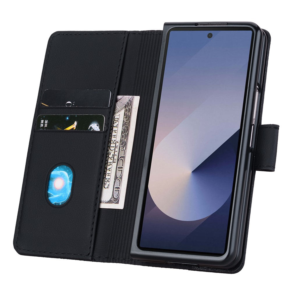 For Samsung Galaxy Z Fold7 5G Case Rhombus Pattern Leather Wallet Phone Cover with Wrist Strap - Black