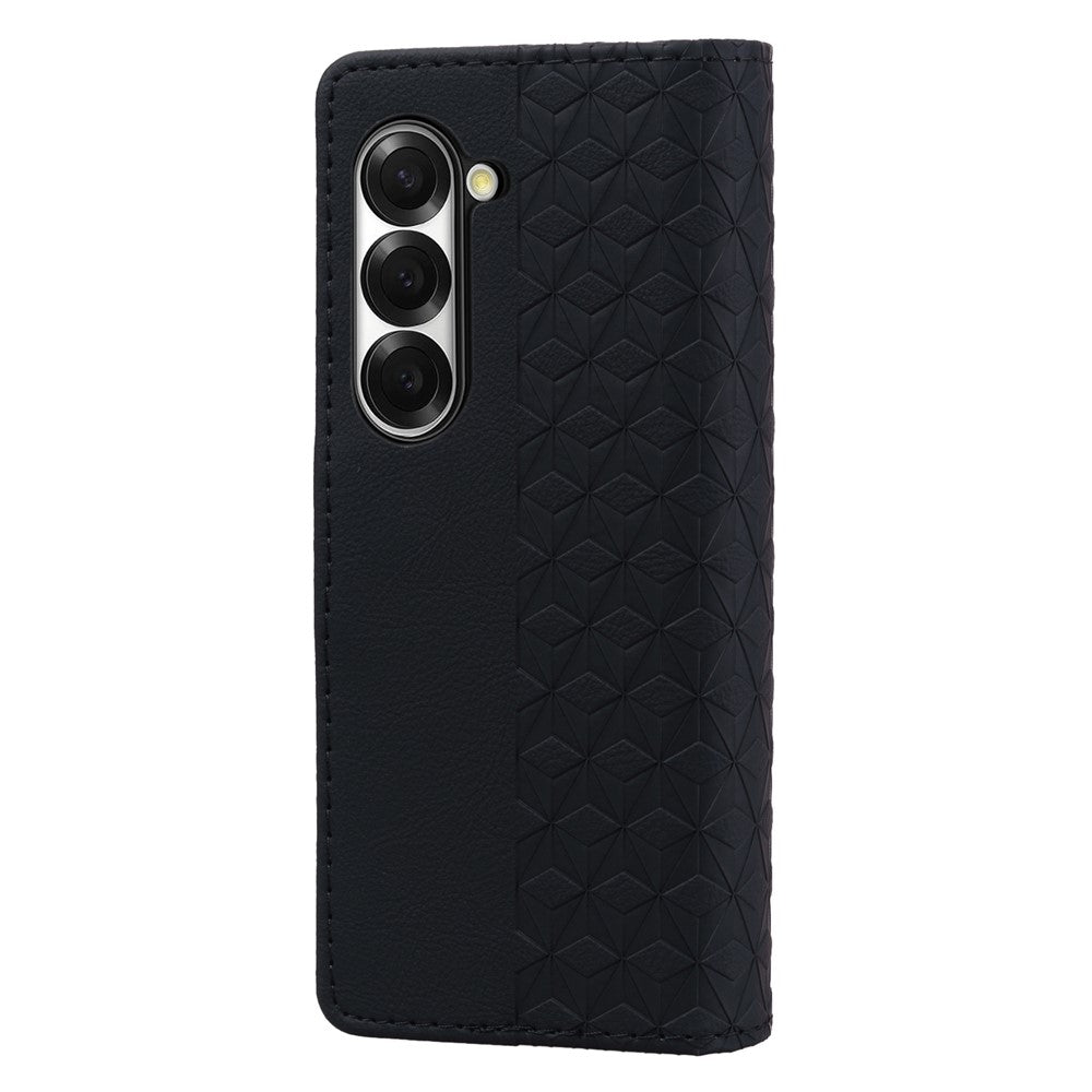 For Samsung Galaxy Z Fold7 5G Case Rhombus Pattern Leather Wallet Phone Cover with Wrist Strap - Black