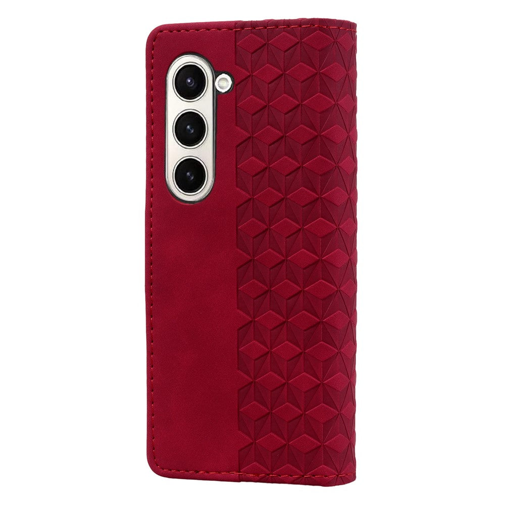 For Samsung Galaxy Z Fold7 5G Case Rhombus Pattern Leather Wallet Phone Cover with Wrist Strap - Wine Red