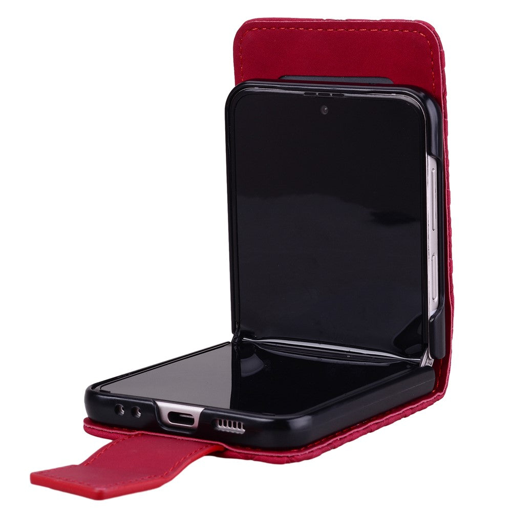 For Samsung Galaxy Z Flip7 5G Case Rhombus Pattern Leather Phone Cover with Wrist Strap - Wine Red