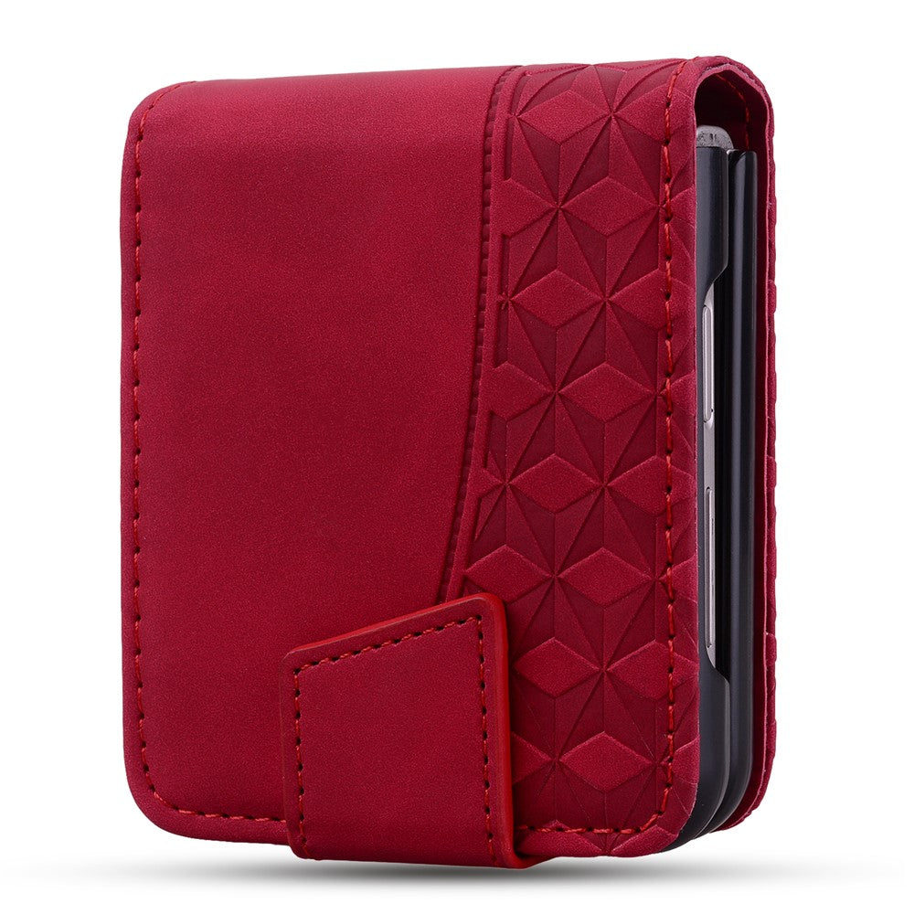 For Samsung Galaxy Z Flip7 5G Case Rhombus Pattern Leather Phone Cover with Wrist Strap - Wine Red