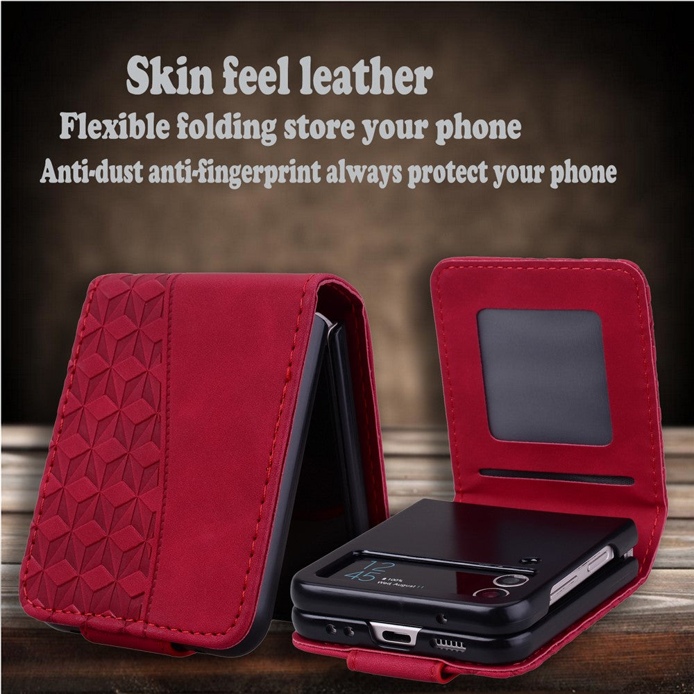For Samsung Galaxy Z Flip7 5G Case Rhombus Pattern Leather Phone Cover with Wrist Strap - Wine Red