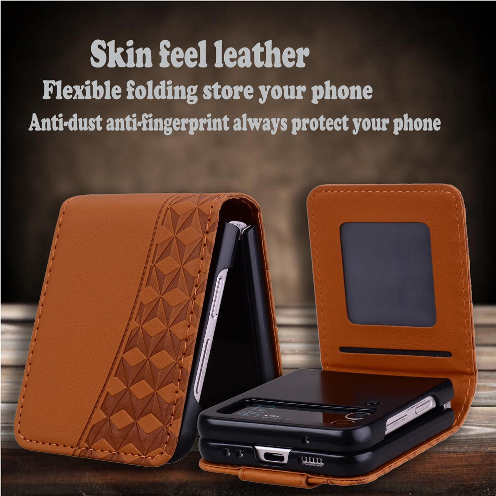 For Samsung Galaxy Z Flip7 5G Case Rhombus Pattern Leather Phone Cover with Wrist Strap - Brown