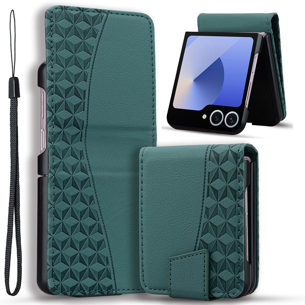 For Samsung Galaxy Z Flip7 5G Case Rhombus Pattern Leather Phone Cover with Wrist Strap - Green