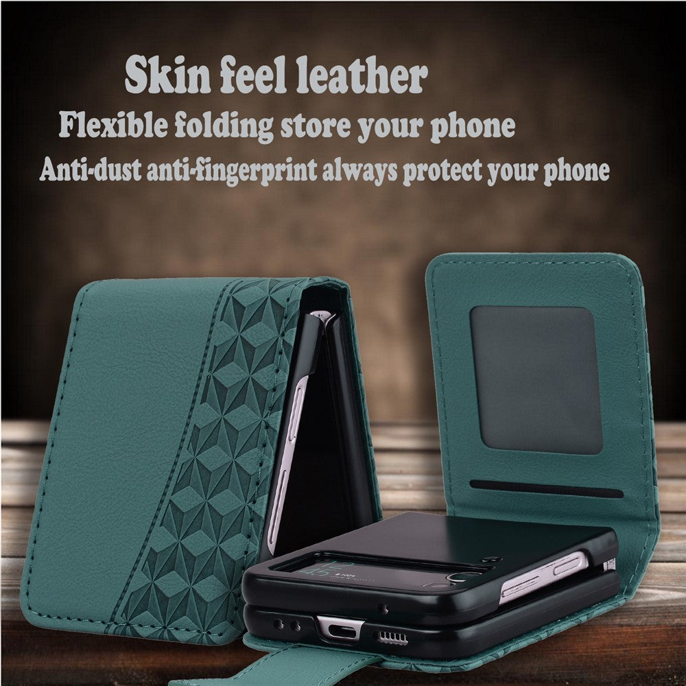 For Samsung Galaxy Z Flip7 5G Case Rhombus Pattern Leather Phone Cover with Wrist Strap - Green