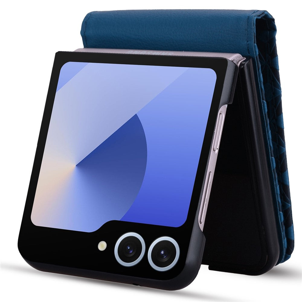 For Samsung Galaxy Z Flip7 5G Case Rhombus Pattern Leather Phone Cover with Wrist Strap - Sapphire