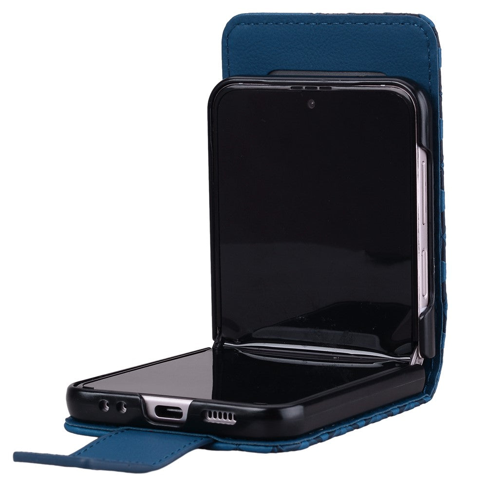 For Samsung Galaxy Z Flip7 5G Case Rhombus Pattern Leather Phone Cover with Wrist Strap - Sapphire